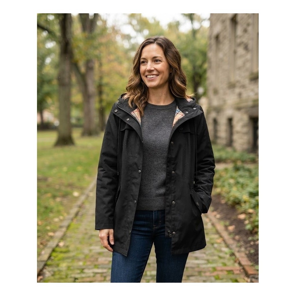 Saphirose Women 2XL Plaid Lined Hooded Rain Jacket Black Windbreaker Preppy Fall